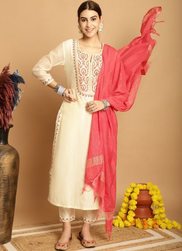 Embroidered Chanderi Cream Pant Style Suit