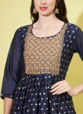 Embroidered Chanderi Navy Blue Pant Style Suit - 1