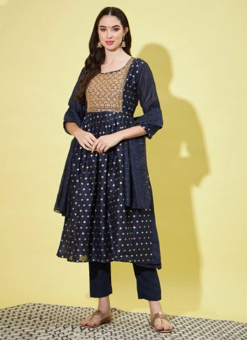 Embroidered Chanderi Navy Blue Pant Style Suit