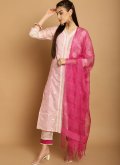 Embroidered Chanderi Pink Pant Style Suit - 1