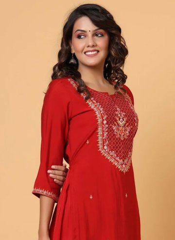 Embroidered Chanderi Red Casual Kurti