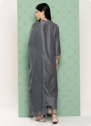 Embroidered Chanderi Silk Grey Palazzo Suit