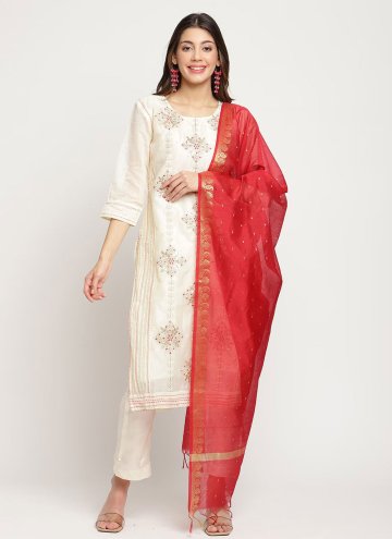 Embroidered Chanderi Silk Off White Pant Style Sui