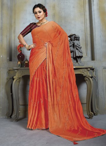 Embroidered Chiffon Orange Classic Designer Saree