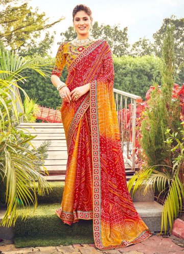 Embroidered Chiffon Red and Yellow Trendy Saree