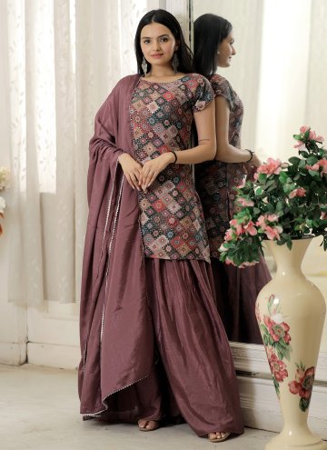 Embroidered Chinon Brown Salwar Suit