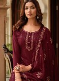 Embroidered Chinon Maroon Salwar Suit - 1