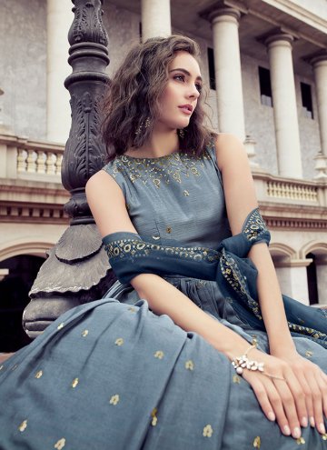 Embroidered Chinon Navy Blue Floor Length Gown