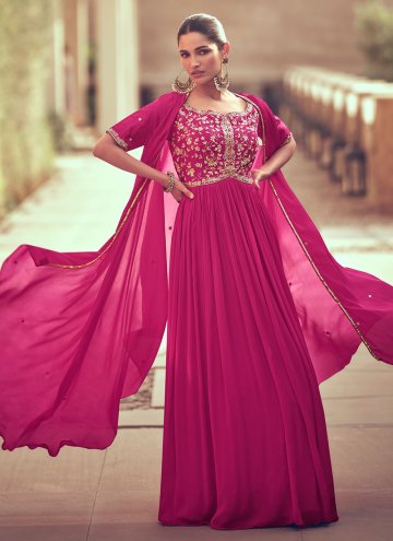 Embroidered Chinon Pink Designer Gown