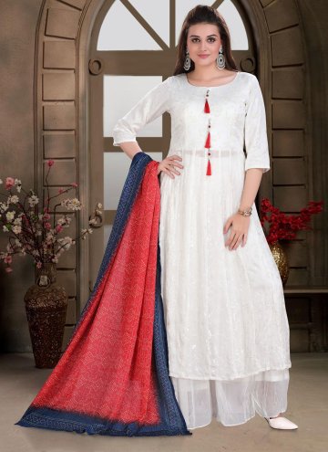 Embroidered Chinon White Salwar Suit
