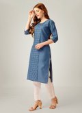 Embroidered Cotton  Blue Casual Kurti - 1