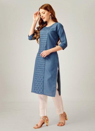 Embroidered Cotton  Blue Casual Kurti