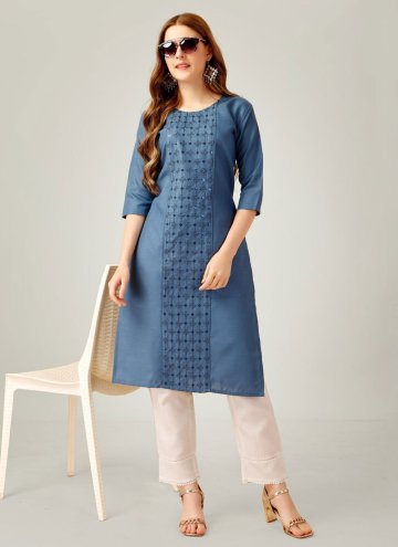 Embroidered Cotton  Blue Casual Kurti