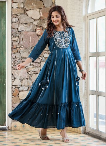 Embroidered Cotton  Blue Readymade Designer Gown