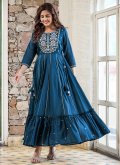 Embroidered Cotton  Blue Readymade Designer Gown - 2