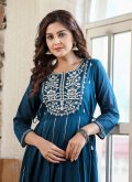 Embroidered Cotton  Blue Readymade Designer Gown - 3