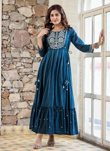 Embroidered Cotton  Blue Readymade Designer Gown