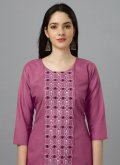 Embroidered Cotton  Pink Casual Kurti - 3