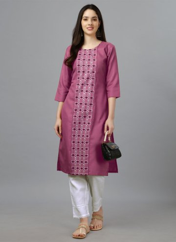 Embroidered Cotton  Pink Casual Kurti