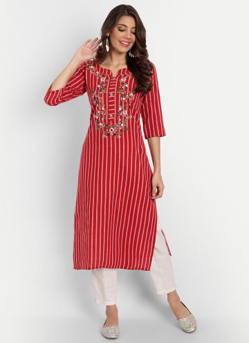 Embroidered Cotton  Red Party Wear Kurti