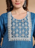 Embroidered Cotton Silk Aqua Blue Straight Salwar Kameez - 1