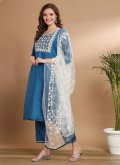 Embroidered Cotton Silk Aqua Blue Straight Salwar Kameez - 3