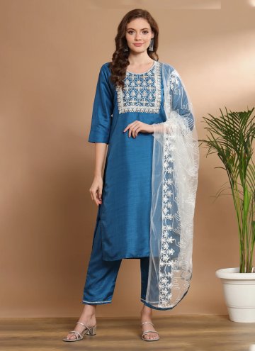 Embroidered Cotton Silk Aqua Blue Straight Salwar Kameez