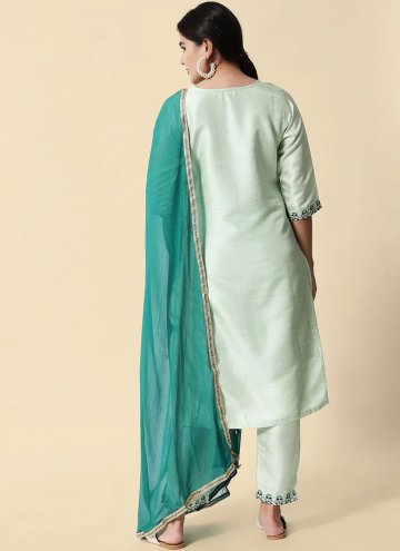 Embroidered Cotton Silk Green Pant Style Suit