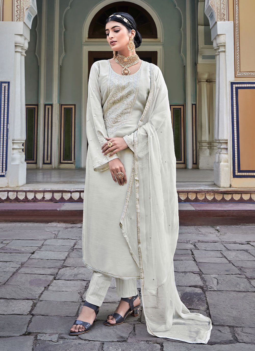 Embroidered Cotton Silk Off White Designer Straight Salwar Suit