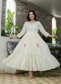 Embroidered Cotton  White Readymade Designer Gown - 2
