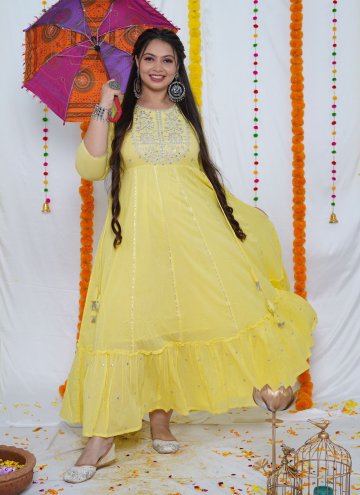 Embroidered Cotton  Yellow Designer Gown