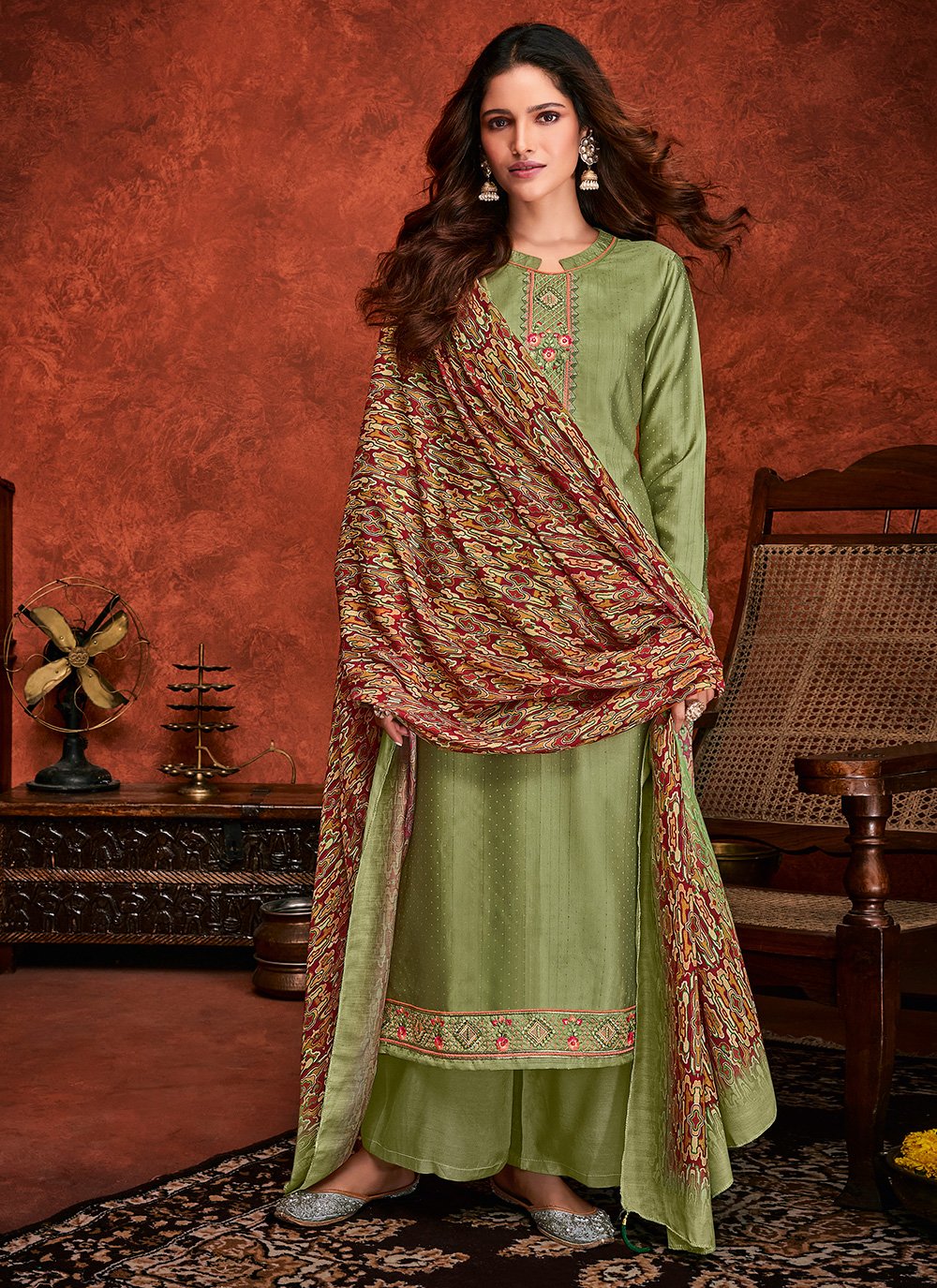 Embroidered Fancy Fabric Green Designer Palazzo Suit