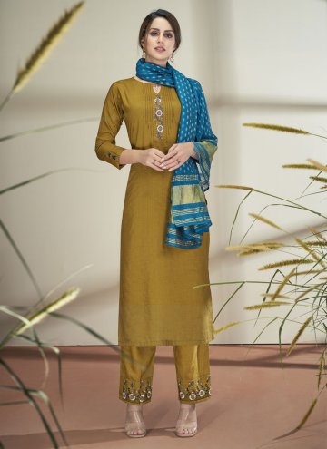 Embroidered Faux Chiffon Green Pant Style Suit