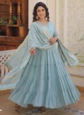 Embroidered Faux Georgette Aqua Blue Gown - 2