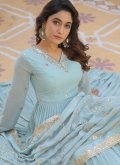 Embroidered Faux Georgette Aqua Blue Gown - 3
