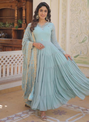 Embroidered Faux Georgette Aqua Blue Gown