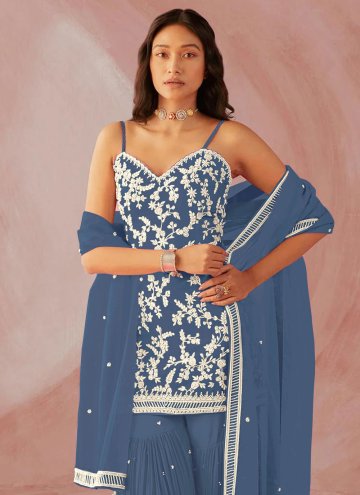 Embroidered Faux Georgette Blue Palazzo Suit