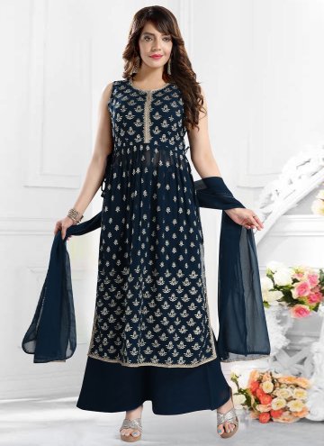 Embroidered Faux Georgette Blue Salwar Suit