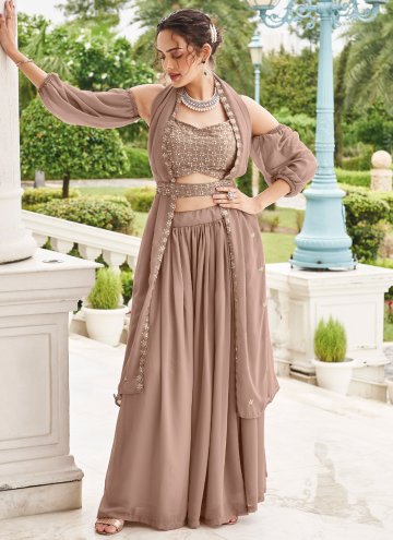 Embroidered Faux Georgette Brown Readymade Lehenga Choli