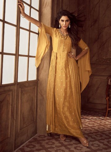 Embroidered Faux Georgette Gold Designer Gown