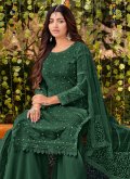 Embroidered Faux Georgette Green Palazzo Suit - 1