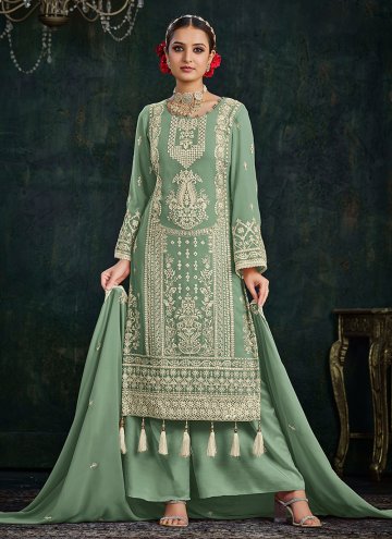 Embroidered Faux Georgette Green Palazzo Suit