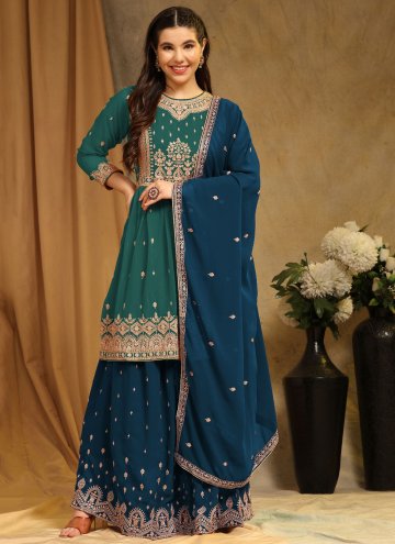 Embroidered Faux Georgette Green Salwar Suit
