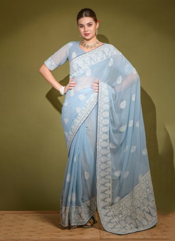 Embroidered Faux Georgette Grey Contemporary Saree