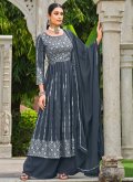 Embroidered Faux Georgette Grey Palazzo Suit - 1