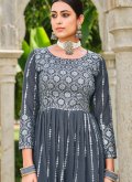 Embroidered Faux Georgette Grey Palazzo Suit - 2