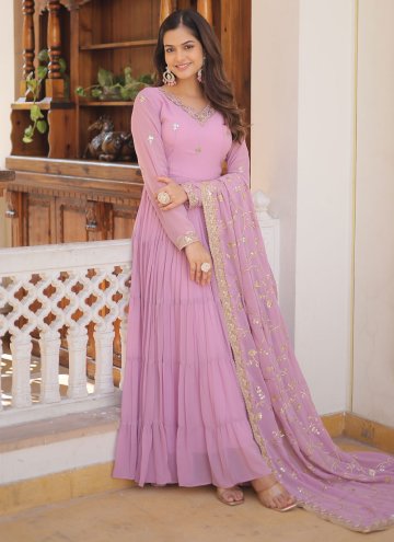 Embroidered Faux Georgette Lavender Readymade Designer Gown
