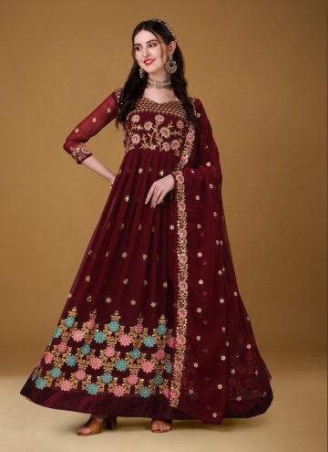 Embroidered Faux Georgette Maroon Floor Length Anarkali Salwar Suit