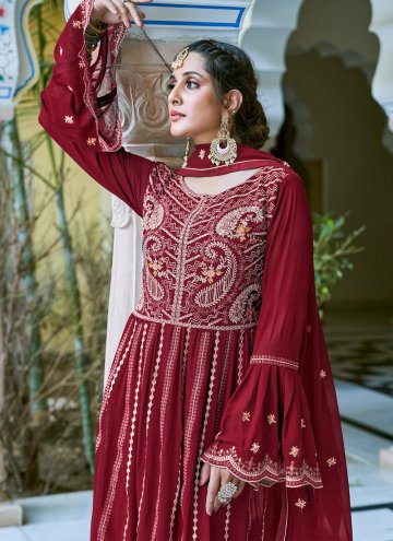 Embroidered Faux Georgette Maroon Salwar Suit