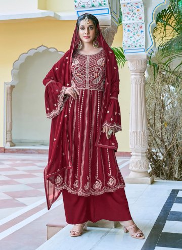 Embroidered Faux Georgette Maroon Salwar Suit